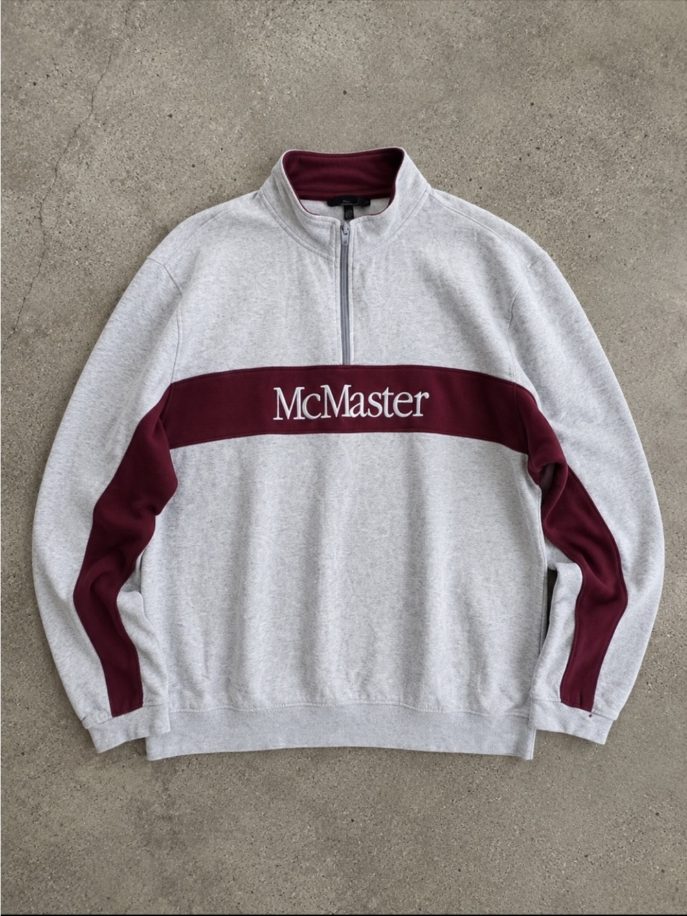 Y2K McMaster University Unique Wool Quarter Zip Sweatshirt Grey Burgundy XXL